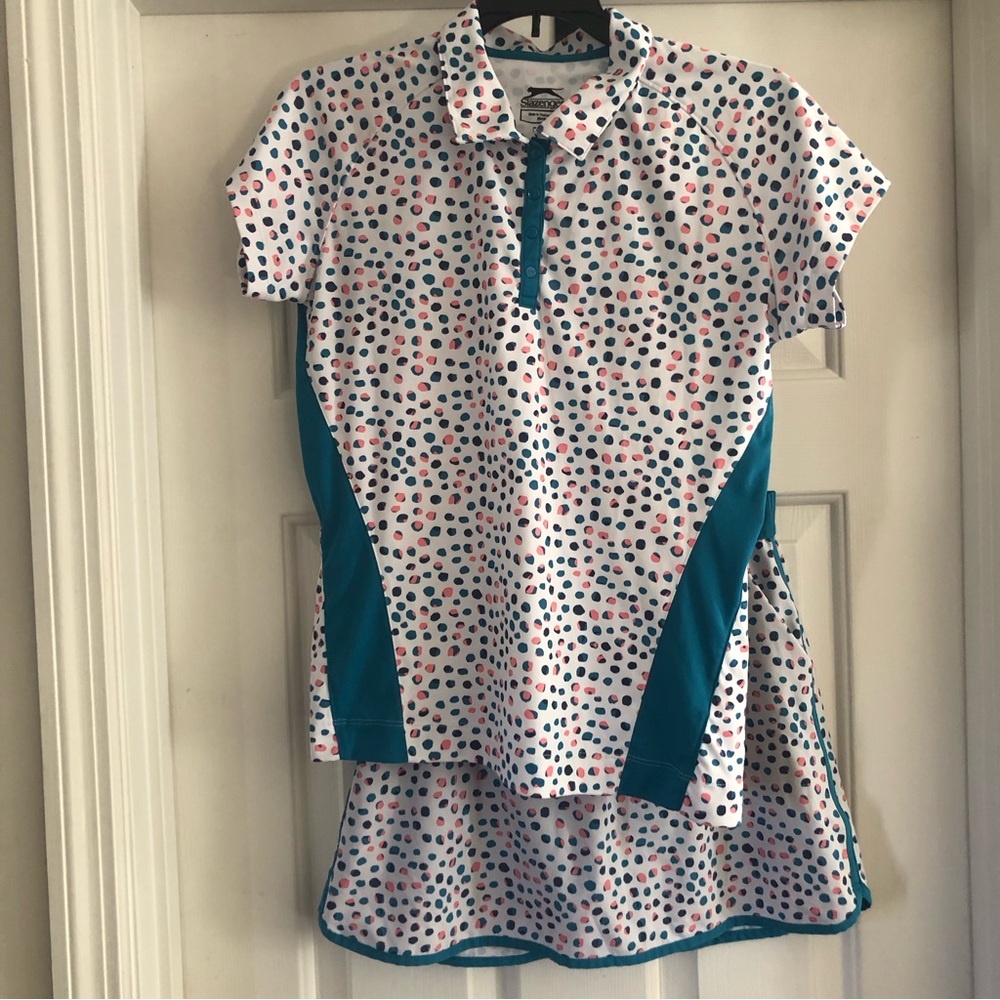 Slazenger Set Golf Tennis Girls XL Polo and Skort Polka Dot